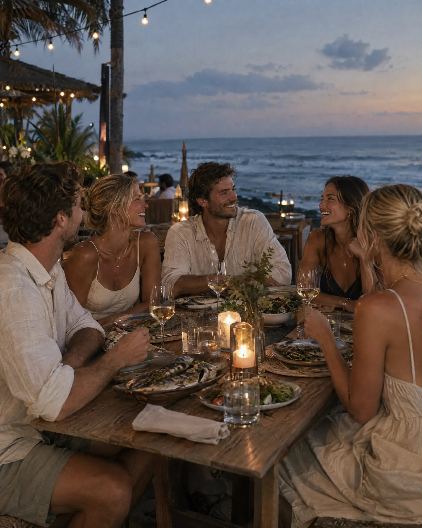 Expat friends laughing over dinner at a beachside table in Canggu at dusk