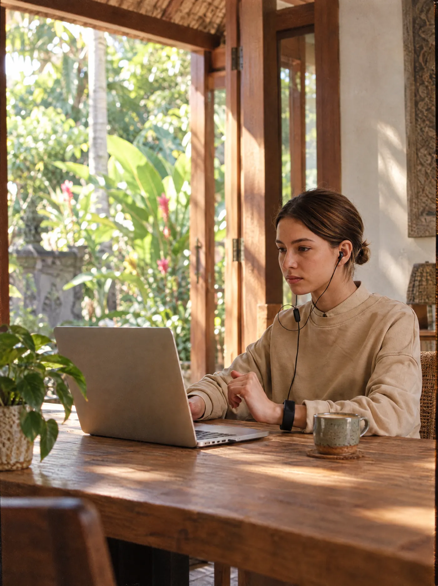 A marketer working on a campaign at a teak desk in a Bali villa